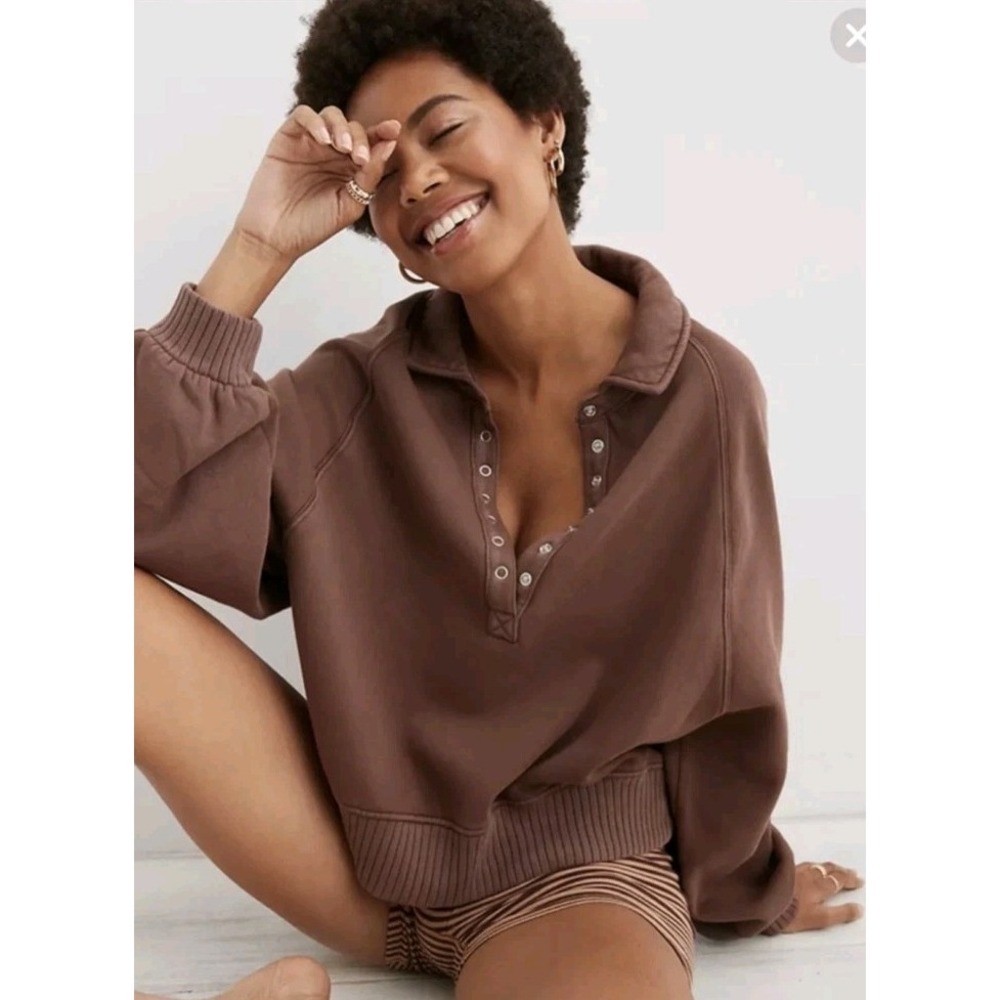 Aerie Women S Brown Collared Button Neck Fleece Pullover Sweatshirt Lounge